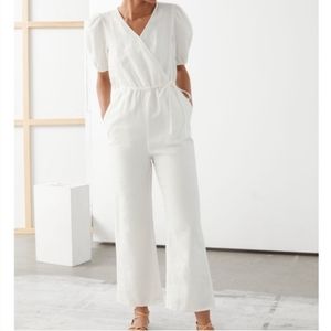 & Other Stories Puff Sleeves White Linen Jumpsuit Bridal